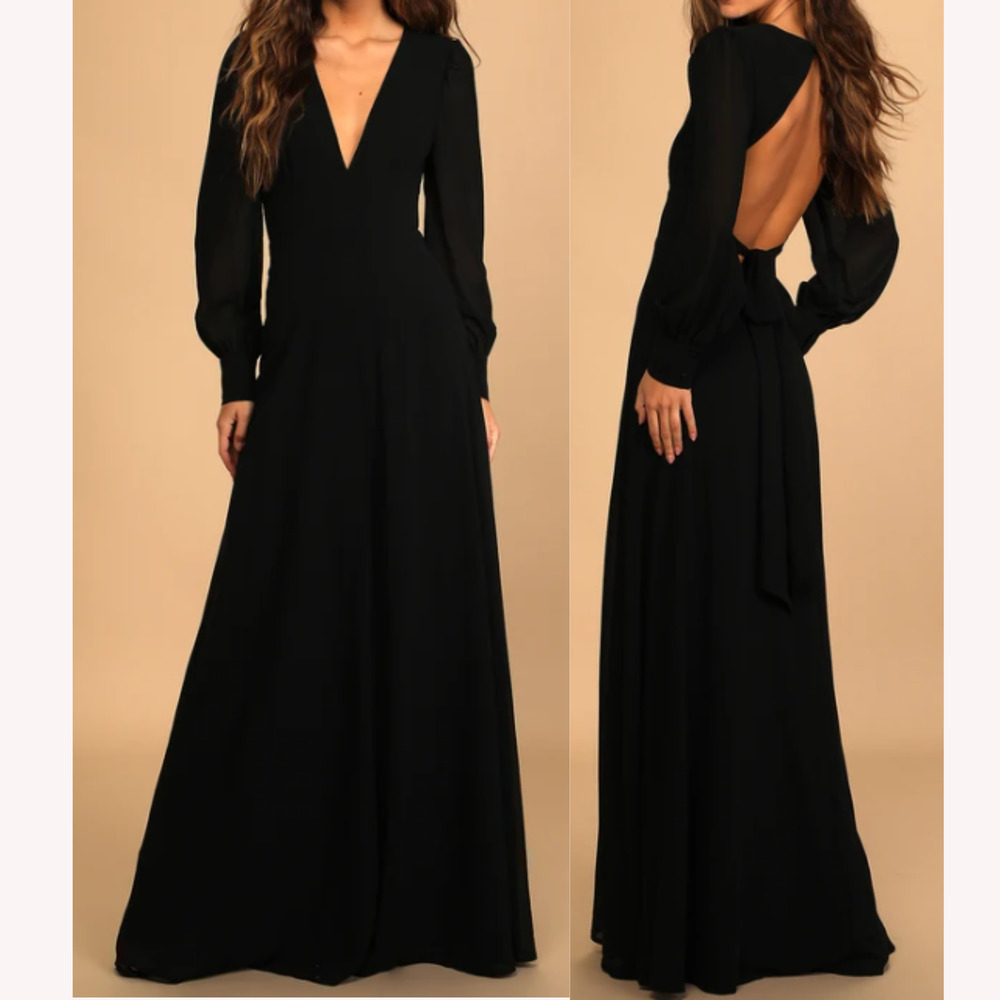 LULU'S SZ S Talk About Divine Black Long Sleeve Backless Maxi Dress NEW b36